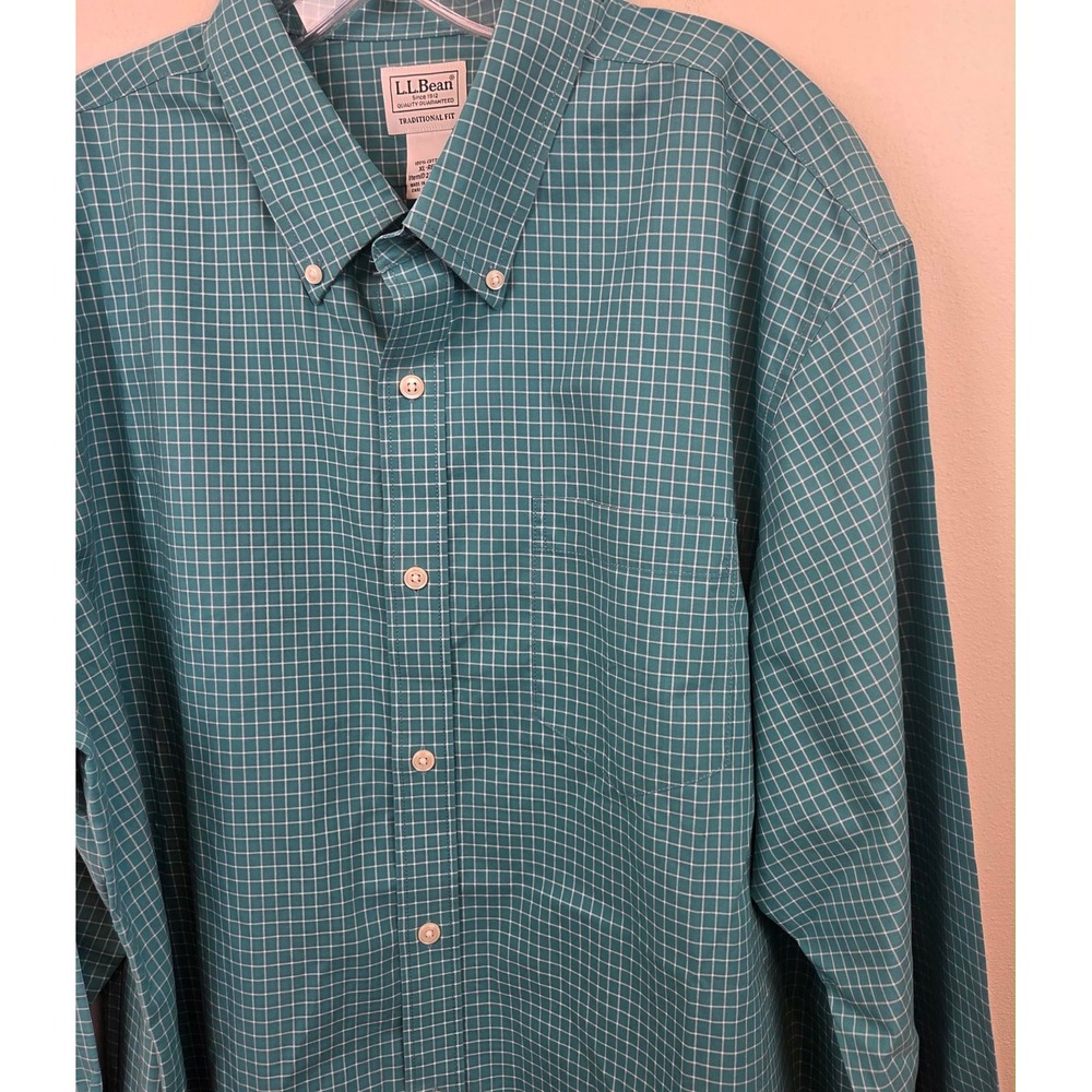 LL Bean Mens XL Traditional Fit Cotton Button Down‎ Shirt Teal White Check
